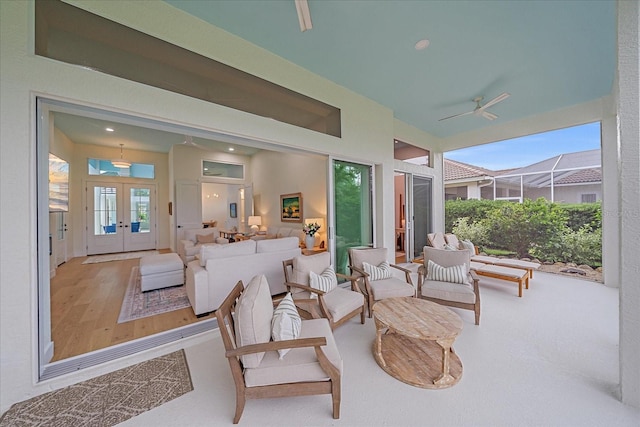 7507 Ascot Ct, University Park, FL 34201 - view of patio / terrace with french doors, ceiling fan, and an outdoor living space
