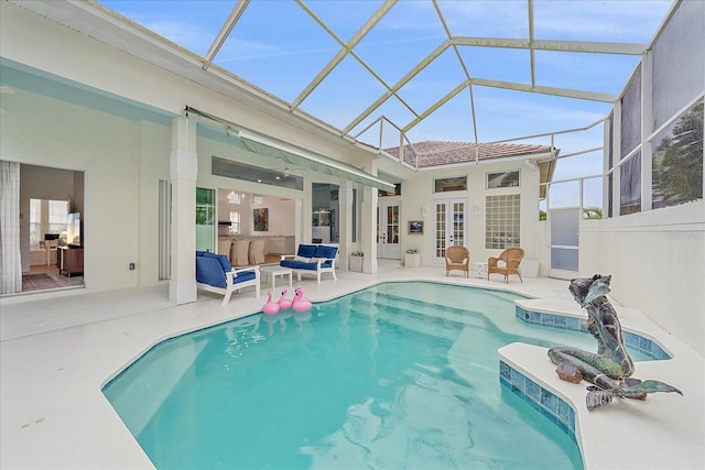 7507 Ascot Ct, University Park, FL 34201 - swimming pool with a patio area, an outdoor hangout area, glass enclosure, and ceiling fan