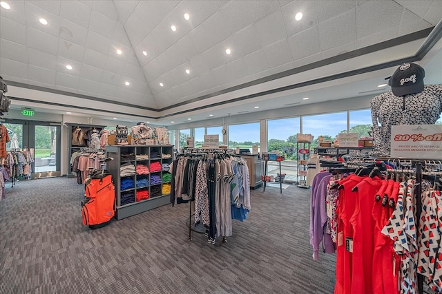 7507 Ascot Ct, University Park, FL 34201 - workout area with carpet, healthy amount of natural light, a tray ceiling, recessed lighting, and lofted ceiling