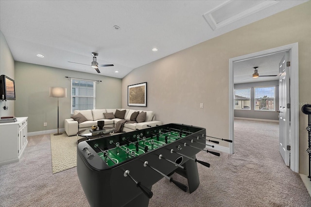 5191 78th St Cir E, Bradenton, FL 34203 - recreation room with light carpet, a ceiling fan, baseboards, recessed lighting, and attic access