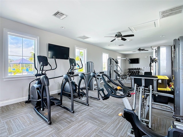 5659 Woodland Sage Dr, Sarasota, FL 34238 - gym featuring baseboards, a ceiling fan, and light colored carpet