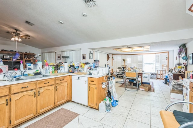 418 W Holly Dr, Orange City, FL 32763 - kitchen with dishwasher, a sink, ceiling fan, light countertops, and vaulted ceiling