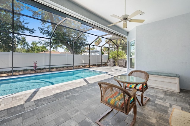 5110 19th Ave W, Bradenton, FL 34209 - view of swimming pool with a ceiling fan, a patio, a fenced backyard, and glass enclosure