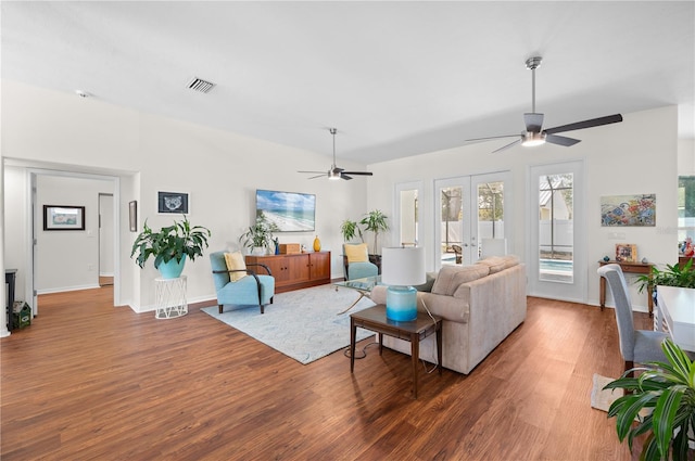 5110 19th Ave W, Bradenton, FL 34209 - living area with ceiling fan, french doors, and wood finished floors