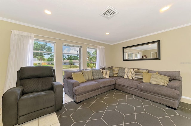 4155 Center Gate Blvd, Sarasota, FL 34233 - living room with healthy amount of natural light, ornamental molding, recessed lighting, and dark tile patterned floors