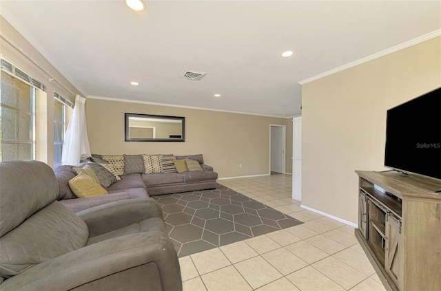 4155 Center Gate Blvd, Sarasota, FL 34233 - living room with light tile patterned flooring, baseboards, ornamental molding, and recessed lighting