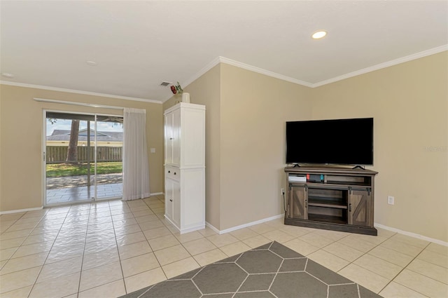4155 Center Gate Blvd, Sarasota, FL 34233 - unfurnished living room featuring light tile patterned floors, ornamental molding, baseboards, and recessed lighting