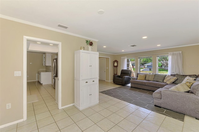 4155 Center Gate Blvd, Sarasota, FL 34233 - living area featuring light tile patterned flooring, ornamental molding, recessed lighting, and baseboards