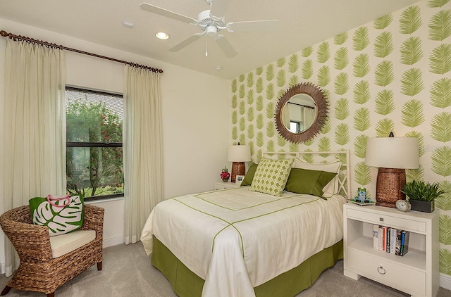 26687 Raphis Royale Blvd, Englewood, FL 34223 - bedroom with carpet, baseboards, wallpapered walls, recessed lighting, and ceiling fan