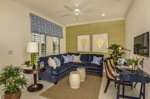 26687 Raphis Royale Blvd, Englewood, FL 34223 - living area featuring a ceiling fan, ornamental molding, and recessed lighting