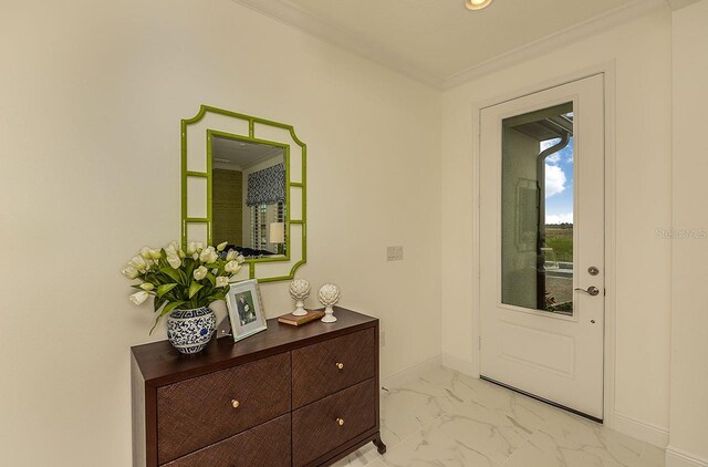26687 Raphis Royale Blvd, Englewood, FL 34223 - foyer entrance with baseboards, light marble finish floors, ornamental molding, and recessed lighting