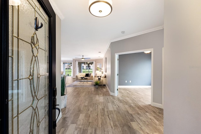 8640 Stone Harbour Loop, Bradenton, FL 34212 - entrance foyer featuring ornamental molding, wood finished floors, baseboards, and a ceiling fan