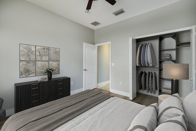 8640 Stone Harbour Loop, Bradenton, FL 34212 - bedroom featuring a closet, wood finished floors, baseboards, and ceiling fan