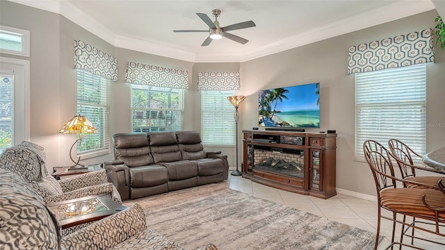 4612 4th Ave E, Bradenton, FL 34208 - living area featuring ceiling fan, tile patterned floors, crown molding, and baseboards