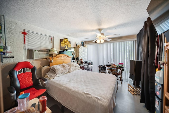 3468 Roslyn Rd, Venice, FL 34293 - bedroom with a textured wall, a textured ceiling, ceiling fan, and cooling unit