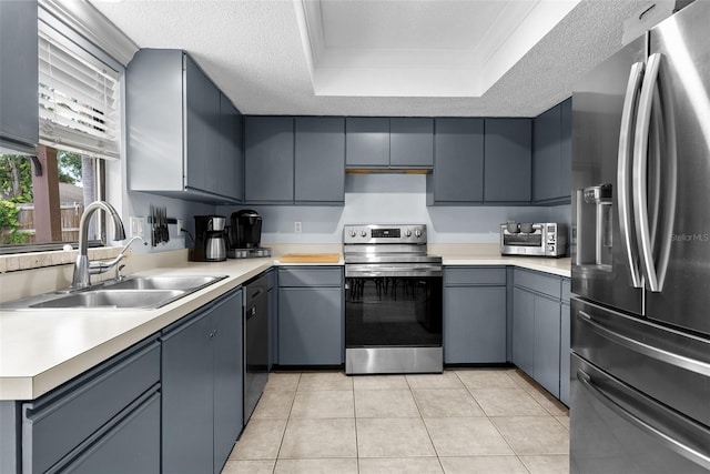 4076 Vana Dr, Sarasota, FL 34241 - kitchen with appliances with stainless steel finishes, a raised ceiling, a sink, gray cabinetry, and light countertops