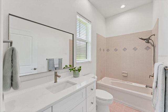 2914 Dick Wilson Dr, Sarasota, FL 34240 - bathroom featuring toilet, vanity, bathtub / shower combination, tile patterned floors, and recessed lighting