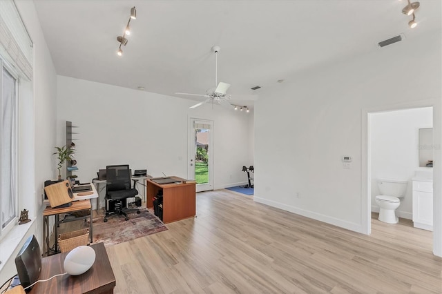 2914 Dick Wilson Dr, Sarasota, FL 34240 - office area featuring light wood finished floors, ceiling fan, and track lighting