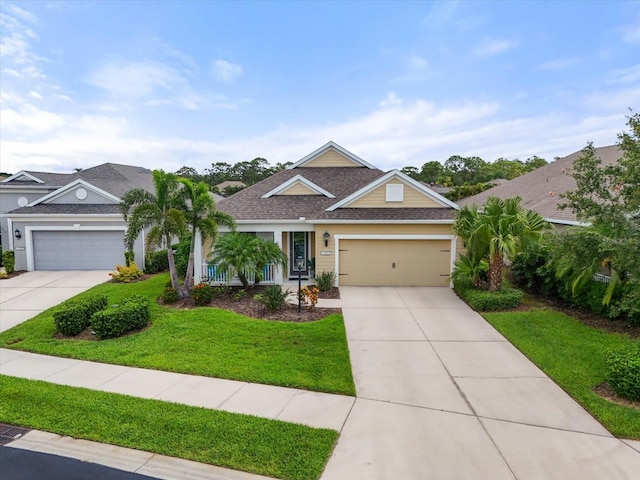 12327 Halfmoon Lake Ter, Bradenton, FL 34211 - ranch-style home with concrete driveway, an attached garage, a front lawn, and roof with shingles