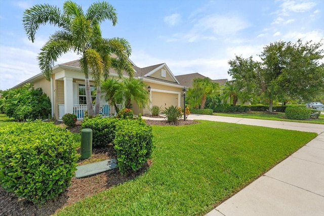 12327 Halfmoon Lake Ter, Bradenton, FL 34211 - view of property hidden behind natural elements with concrete driveway, an attached garage, a front yard, stucco siding, and covered porch