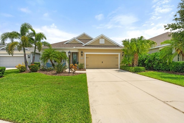 12327 Halfmoon Lake Ter, Bradenton, FL 34211 - ranch-style house with a front lawn, concrete driveway, and a garage