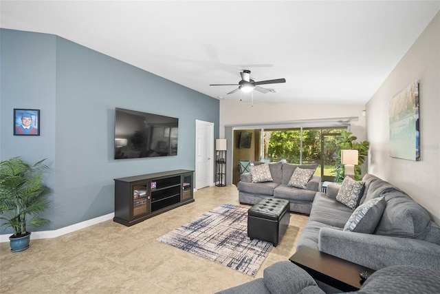 5866 Guarino Dr, Sarasota, FL 34238 - living room with a ceiling fan, vaulted ceiling, and baseboards