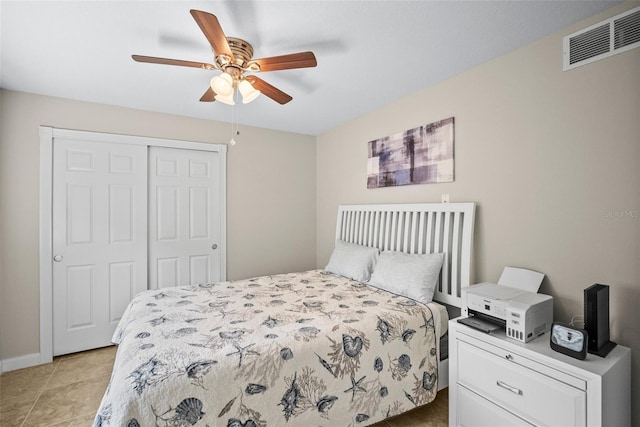 5866 Guarino Dr, Sarasota, FL 34238 - bedroom featuring a closet, baseboards, a ceiling fan, and light tile patterned floors