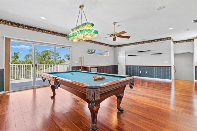 8930 Bloomfield Blvd, Sarasota, FL 34238 - recreation room featuring a wainscoted wall, a ceiling fan, wood finished floors, billiards, and recessed lighting