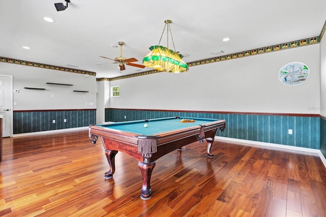 8930 Bloomfield Blvd, Sarasota, FL 34238 - playroom with wainscoting, a ceiling fan, wood finished floors, billiards, and recessed lighting