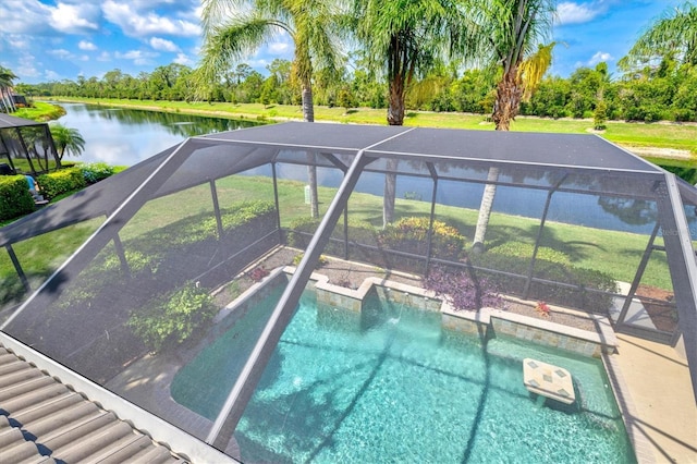 8930 Bloomfield Blvd, Sarasota, FL 34238 - outdoor pool with glass enclosure, a water view, view of scattered trees, and a patio