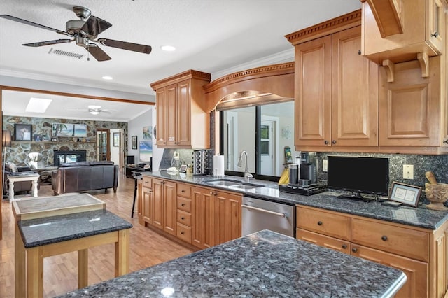 7913 19th Avenue Dr W, Bradenton, FL 34209 - kitchen featuring dishwasher, a ceiling fan, light wood-style floors, dark stone counters, and backsplash