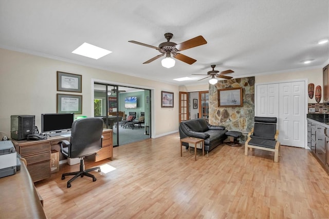 7913 19th Avenue Dr W, Bradenton, FL 34209 - office area with light wood-style flooring, crown molding, and ceiling fan