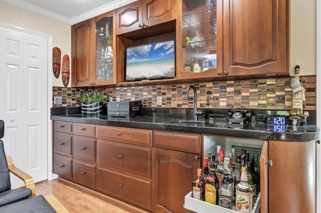 7913 19th Avenue Dr W, Bradenton, FL 34209 - indoor wet bar featuring decorative backsplash, crown molding, and light wood-style flooring