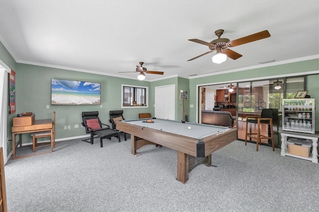 7913 19th Avenue Dr W, Bradenton, FL 34209 - recreation room with carpet floors, crown molding, pool table, and a ceiling fan