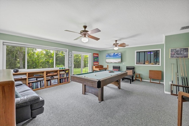7913 19th Avenue Dr W, Bradenton, FL 34209 - rec room featuring pool table, carpet flooring, healthy amount of natural light, a ceiling fan, and a textured ceiling