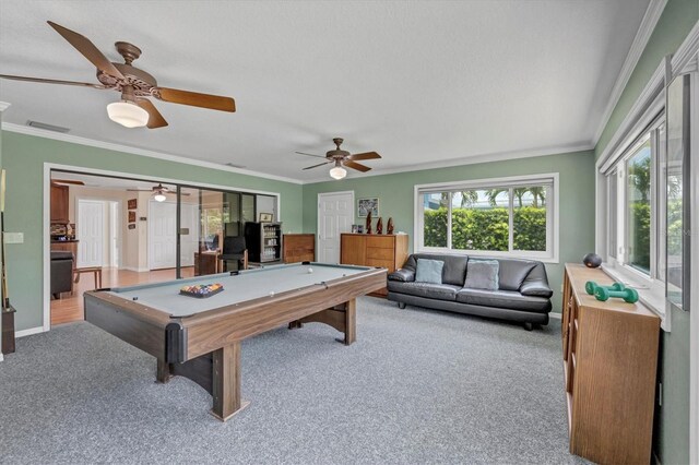 7913 19th Avenue Dr W, Bradenton, FL 34209 - rec room featuring carpet floors, billiards, crown molding, and ceiling fan