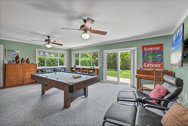 7913 19th Avenue Dr W, Bradenton, FL 34209 - recreation room with ornamental molding, billiards table, ceiling fan, carpet flooring, and a textured ceiling