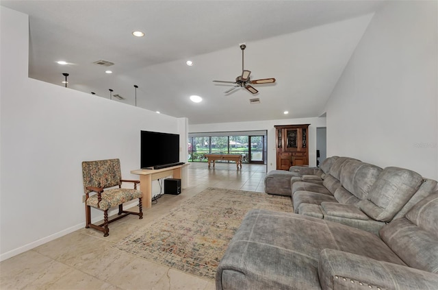 5651 Golf Pointe Dr Unit 5651, Sarasota, FL 34243 - living area featuring vaulted ceiling, a ceiling fan, baseboards, recessed lighting, and pool table