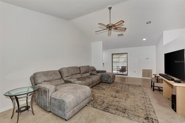 5651 Golf Pointe Dr Unit 5651, Sarasota, FL 34243 - living area featuring ceiling fan, baseboards, high vaulted ceiling, and light tile patterned floors