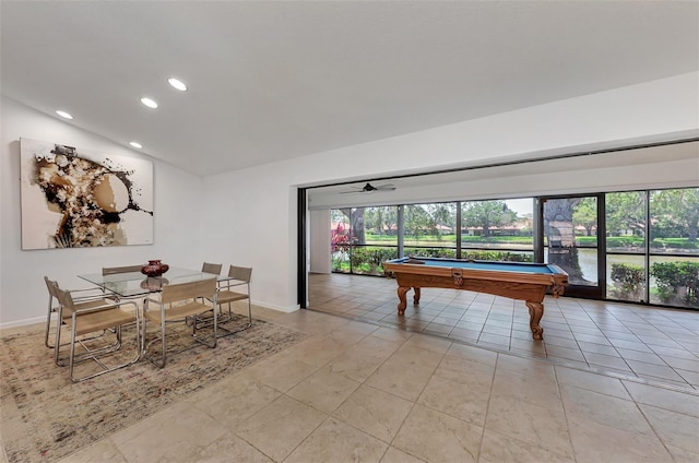 5651 Golf Pointe Dr Unit 5651, Sarasota, FL 34243 - playroom featuring recessed lighting, billiards table, baseboards, and lofted ceiling