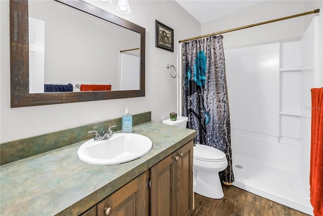 12714 Tyler Run Ave, Odessa, FL 33556 - bathroom with wood finished floors, toilet, vanity, and curtained shower