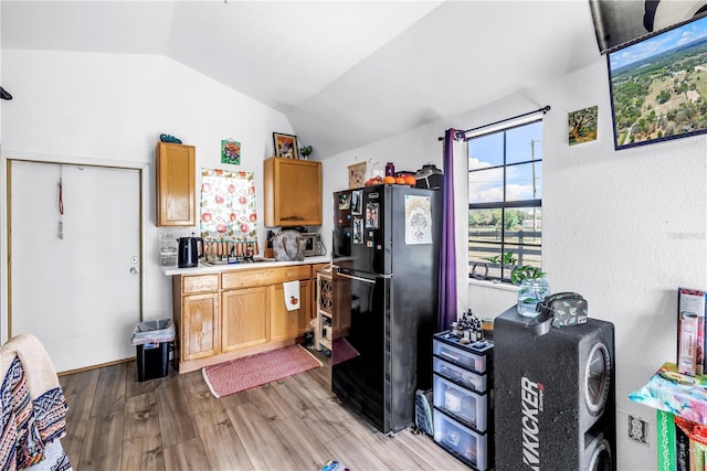12714 Tyler Run Ave, Odessa, FL 33556 - kitchen with freestanding refrigerator, lofted ceiling, wood finished floors, and light countertops