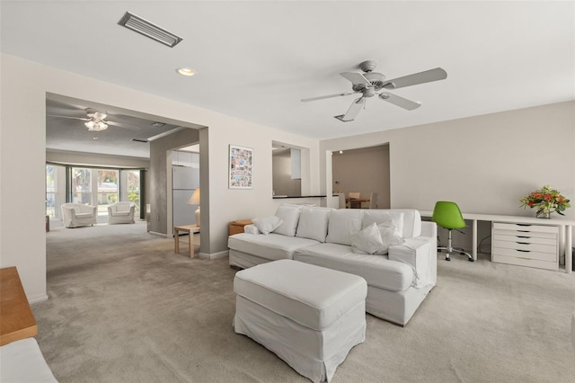 139 Adair Ave, Sarasota, FL 34243 - living area with ceiling fan, light carpet, baseboards, recessed lighting, and an office area