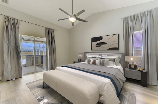5742 39th Street Cir E, Bradenton, FL 34203 - bedroom featuring lofted ceiling, access to exterior, light wood-style flooring, and ceiling fan