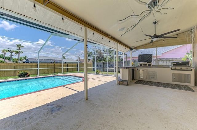 5742 39th Street Cir E, Bradenton, FL 34203 - view of pool with a fenced backyard, a patio area, glass enclosure, and a ceiling fan