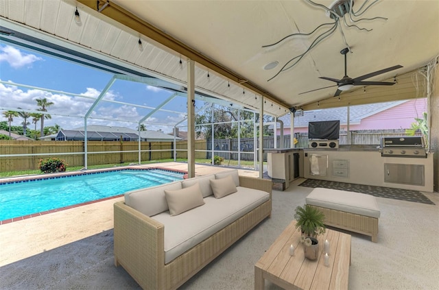 5742 39th Street Cir E, Bradenton, FL 34203 - view of swimming pool featuring a fenced backyard, a patio, outdoor lounge area, and glass enclosure
