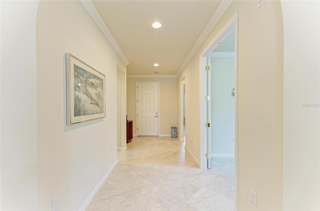 6756 Chester Trl, Lakewood Ranch, FL 34202 - hallway featuring ornamental molding, recessed lighting, and baseboards