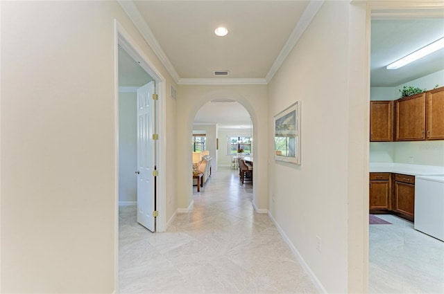 6756 Chester Trl, Lakewood Ranch, FL 34202 - corridor with arched walkways, crown molding, baseboards, and recessed lighting