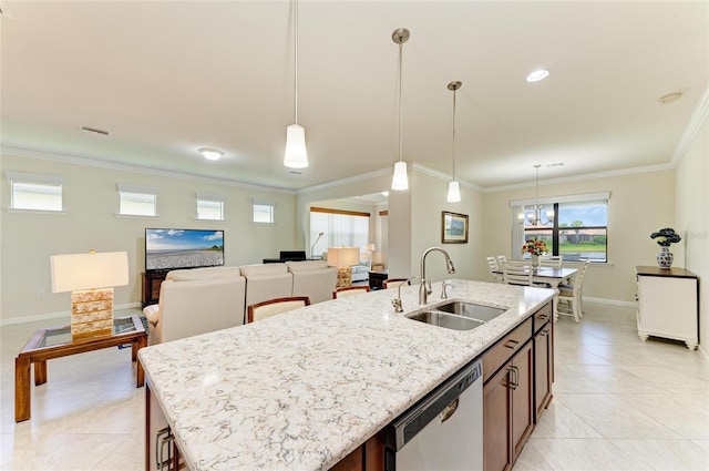 6756 Chester Trl, Lakewood Ranch, FL 34202 - kitchen featuring stainless steel dishwasher, a sink, crown molding, light tile patterned floors, and baseboards