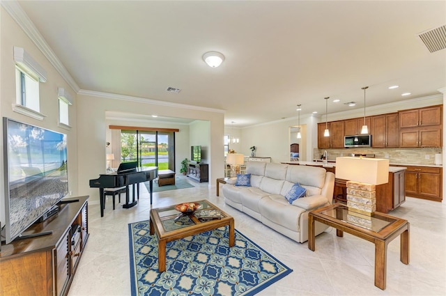 6756 Chester Trl, Lakewood Ranch, FL 34202 - living area with ornamental molding, light tile patterned floors, and recessed lighting